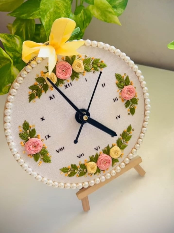 Handmade Embroidered Floral Hoop Clock | Personalized Round Fabric Wall Clock for Home Decor & Gifting (White & Pink Flowers)