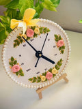 Handmade Embroidered Floral Hoop Clock | Personalized Round Fabric Wall Clock for Home Decor & Gifting (White & Pink Flowers)