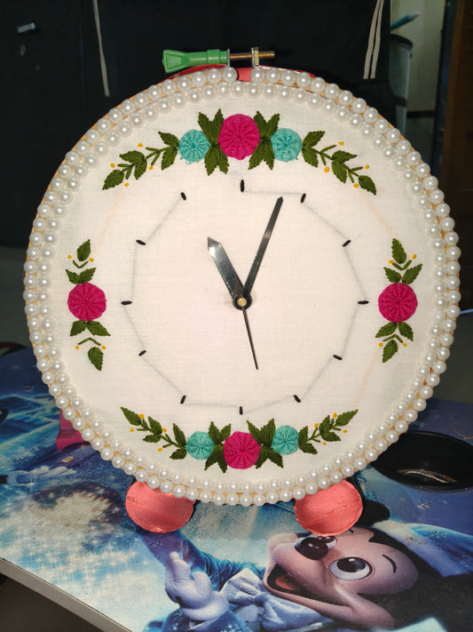 Handmade Embroidered Floral Hoop Clock | Personalized Round Fabric Wall Clock for Home Decor & Gifting (White & Pink Flowers)